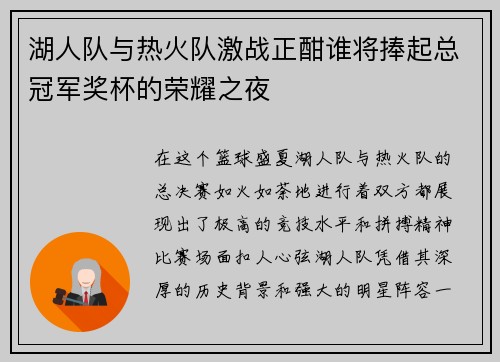 湖人队与热火队激战正酣谁将捧起总冠军奖杯的荣耀之夜